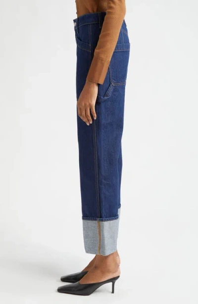 Veronica Beard Dylan Cuffed High Waist Relaxed Straight Leg Jeans In Blue