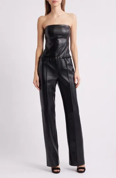 Amanda Uprichard Amoret Belted Strapless Faux Leather Jumpsuit In Black