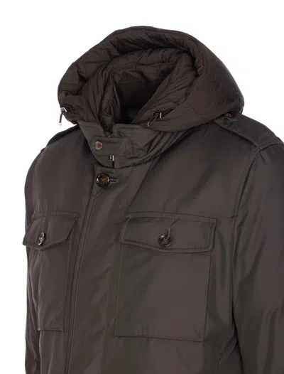 Moorer Long Sleeve Hooded Padded Jacket With Pockets In Brown