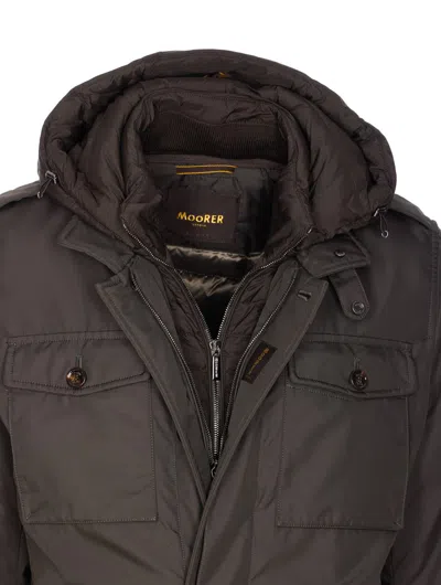 Moorer Long Sleeve Hooded Padded Jacket With Pockets In Brown