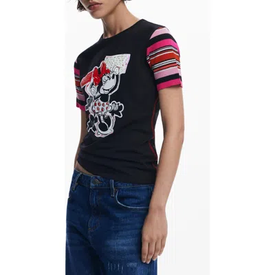 Desigual Minnie Mouse Stripe Sleeve Graphic T-shirt In Black