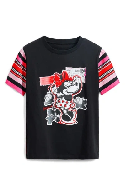 Desigual Minnie Mouse Stripe Sleeve Graphic T-shirt In Black