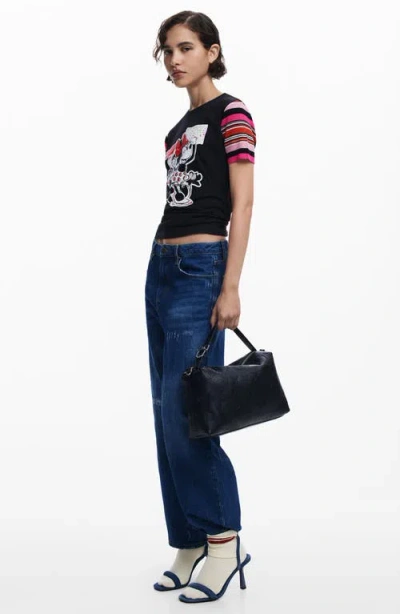 Desigual Minnie Mouse Stripe Sleeve Graphic T-shirt In Black
