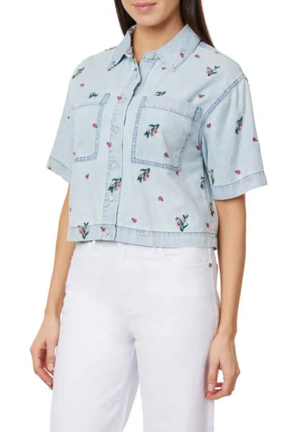 Kensie Embroidered Camp Shirt In Blue