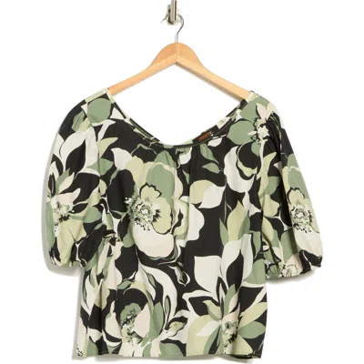 Renee C Floral Puff Sleeve Stretch Cotton Top In Black
