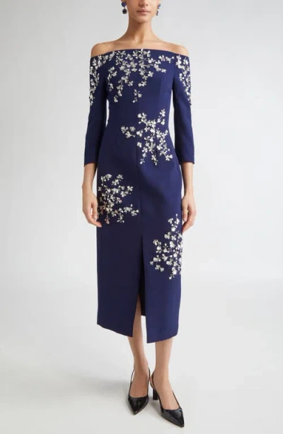Carolina Herrera Floral Appliqué Off The Shoulder Stretch Crepe Midi Dress In Blue