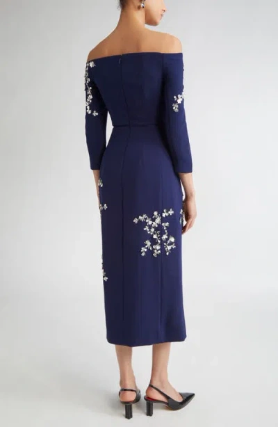 Carolina Herrera Floral Appliqué Off The Shoulder Stretch Crepe Midi Dress In Blue