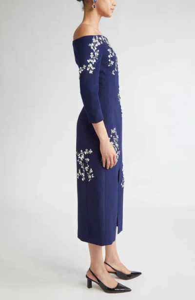 Carolina Herrera Floral Appliqué Off The Shoulder Stretch Crepe Midi Dress In Blue