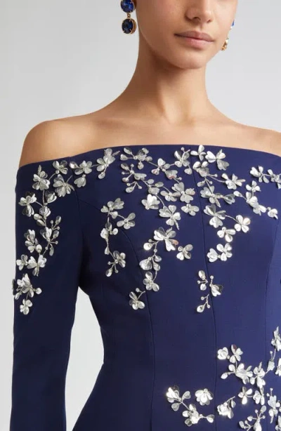 Carolina Herrera Floral Appliqué Off The Shoulder Stretch Crepe Midi Dress In Blue