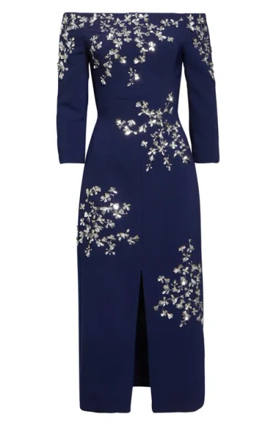Carolina Herrera Floral Appliqué Off The Shoulder Stretch Crepe Midi Dress In Blue