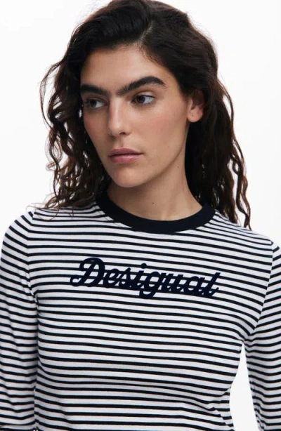 Desigual Logo Long Sleeve Cotton Graphic T-shirt In Gray