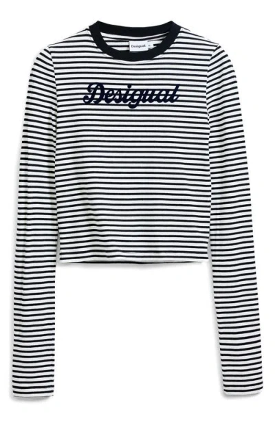 Desigual Logo Long Sleeve Cotton Graphic T-shirt In Gray