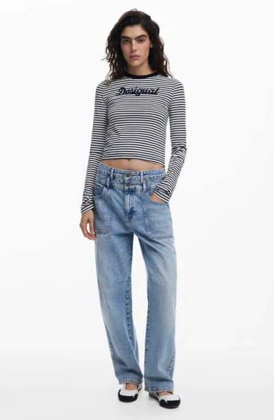 Desigual Logo Long Sleeve Cotton Graphic T-shirt In Gray
