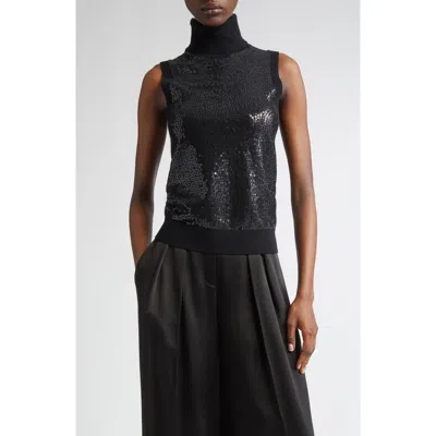 Michael Kors Collection Sequin Embellished Sleeveless Cashmere Turtleneck Sweater In Black