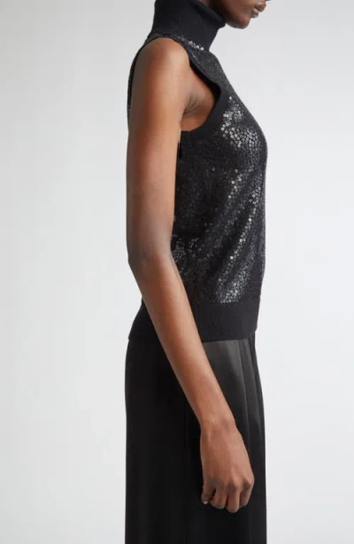 Michael Kors Collection Sequin Embellished Sleeveless Cashmere Turtleneck Sweater In Black