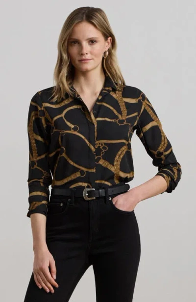 Ralph Lauren Plus Size Classic-fit Belting-print Crepe Shirt In Black