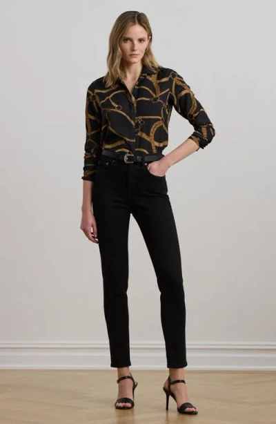 Ralph Lauren Plus Size Classic-fit Belting-print Crepe Shirt In Black