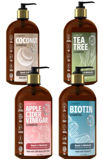 Lovery 4-pack Shampoo Set With Tea Tree, Coconut, Apple Cider Vinegar & Biotin