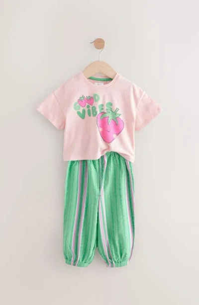 Next Kids' Cherry Good Vibes Cotton Graphic T-shirt & Pants Set In Green