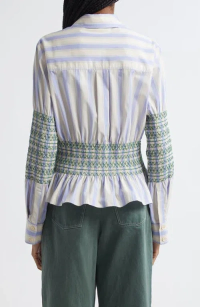 Stine Goya Stripe Smock Detail Organic Cotton Button-up Shirt In Blue