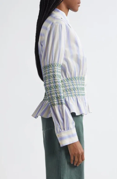 Stine Goya Stripe Smock Detail Organic Cotton Button-up Shirt In Blue