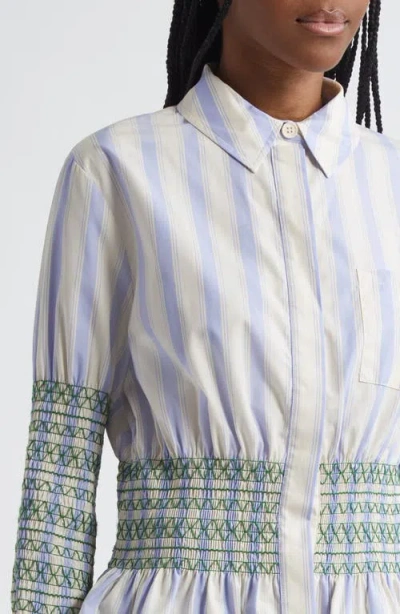 Stine Goya Stripe Smock Detail Organic Cotton Button-up Shirt In Blue