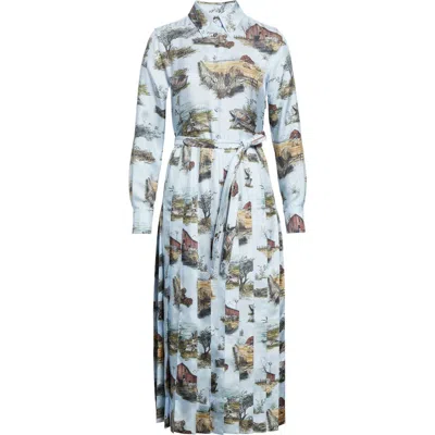 Thom Browne Scenic Toile Silk Twill Pleated Midi Shirtdress With Belt In Blue
