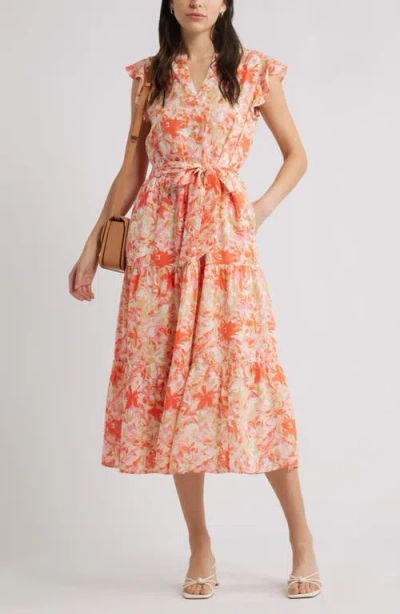 Caslonr Caslon(r) Print Ruffle Sleeve Tie Waist Midi Dress