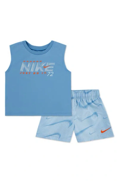 Nike Dri-fit Just Do It Tank & Swoosh Print Shorts Set In Blue