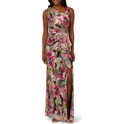 Adrianna Papell Asymmetric Metallic Foil Floral Gown In Multi