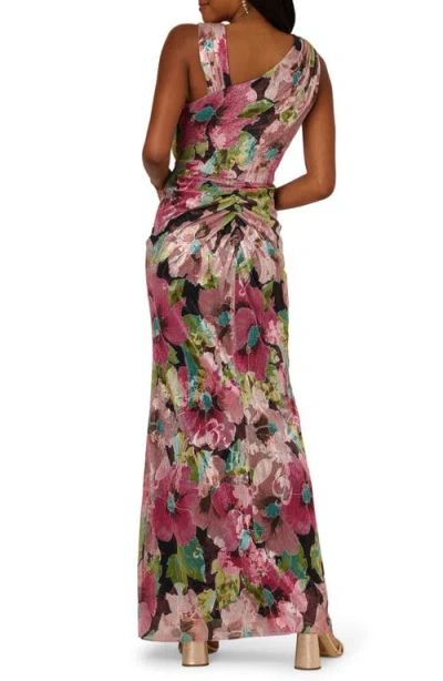 Adrianna Papell Asymmetric Metallic Foil Floral Gown In Multi