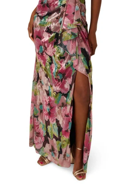 Adrianna Papell Asymmetric Metallic Foil Floral Gown In Multi