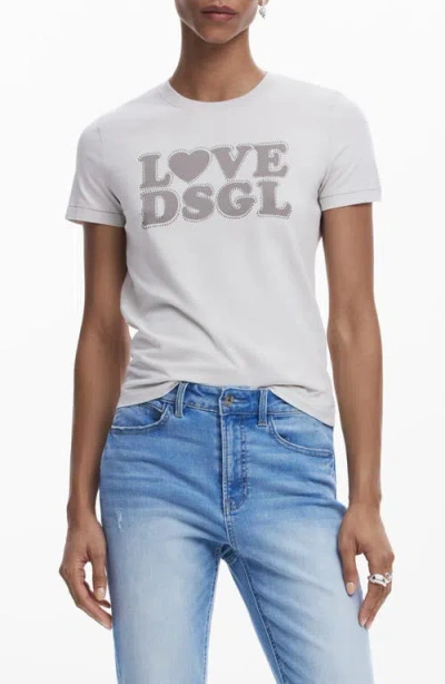 Desigual Rhinestone Embellished Cotton Graphic T-shirt In White