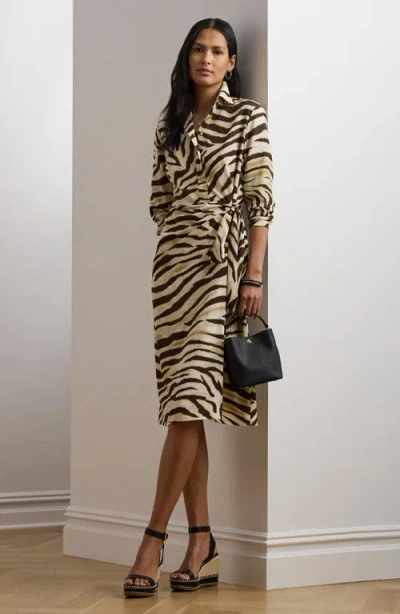 Ralph Lauren Womens Zebra Print Tie Front Crepe Shirtdress 0p 22w In Multi