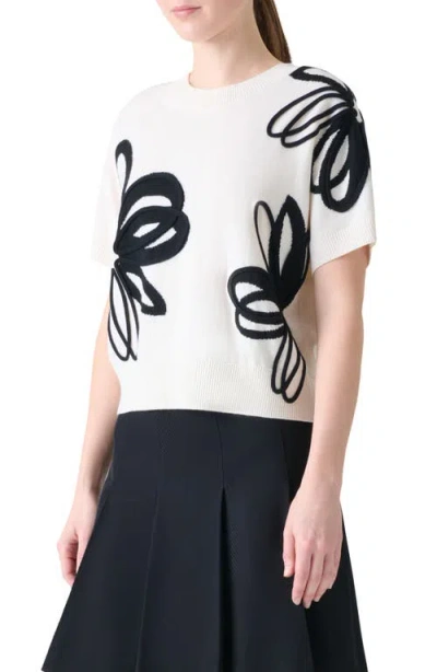 Akris Punto Daisy Intarsia Knit Short Sleeve Virgin Wool Sweater In White