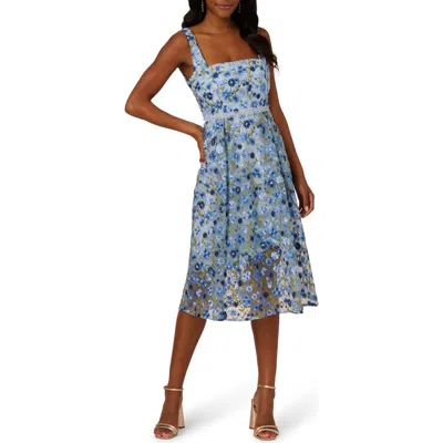 Adrianna Papell Floral Embroidered Lace Trim Midi Dress In Blue