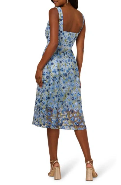 Adrianna Papell Floral Embroidered Lace Trim Midi Dress In Blue
