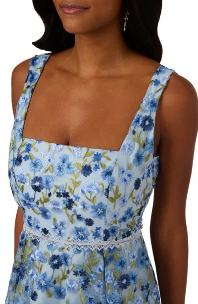Adrianna Papell Floral Embroidered Lace Trim Midi Dress In Blue