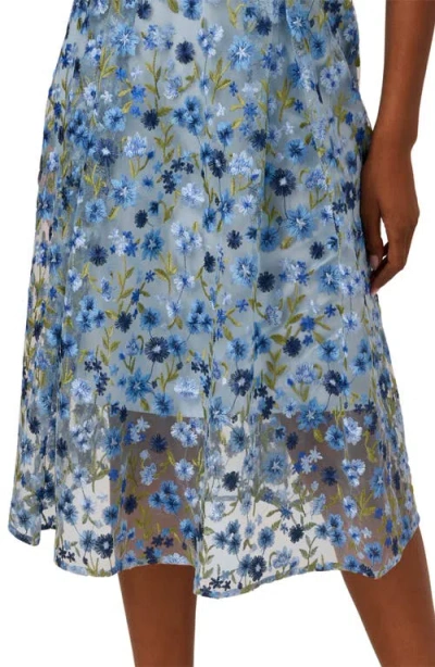 Adrianna Papell Floral Embroidered Lace Trim Midi Dress In Blue