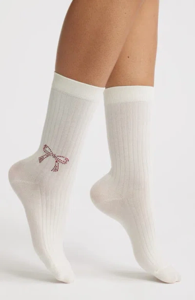 High Heel Jungle Sabrina Crystal Bow Crew Socks In Neutral