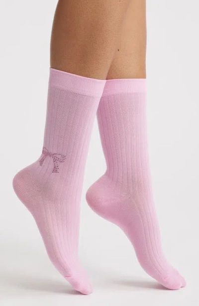 High Heel Jungle Sabrina Crystal Bow Crew Socks In Pink