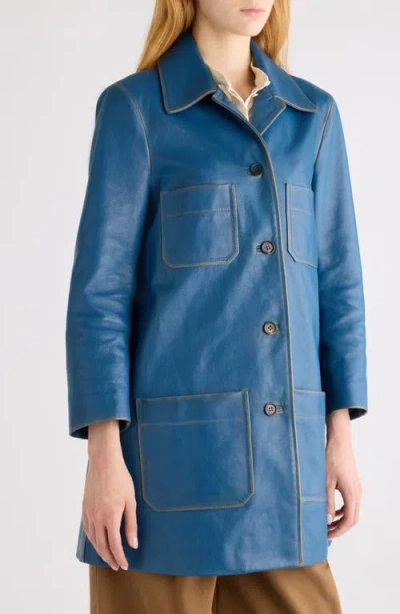 Chloé Cowhide Leather Coat With Patch Pockets In Blue