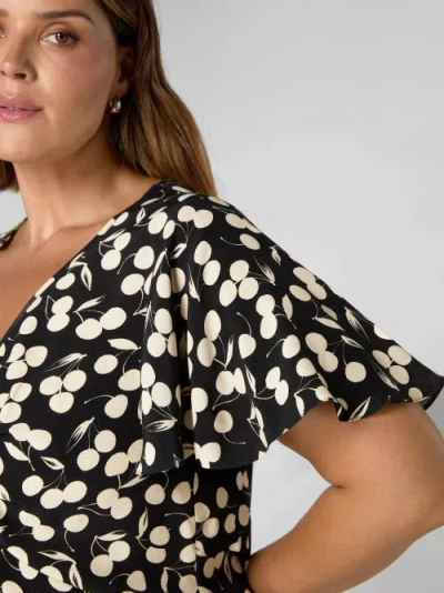 Live Unlimited Cherry Print Ruched Flutter Sleeve Top In Black