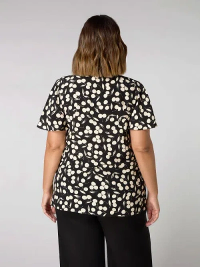 Live Unlimited Cherry Print Ruched Flutter Sleeve Top In Black