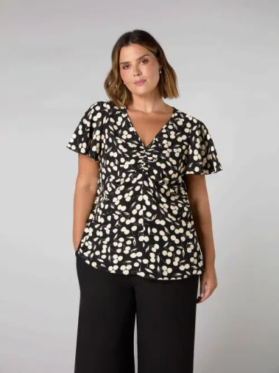 Live Unlimited Cherry Print Ruched Flutter Sleeve Top In Black