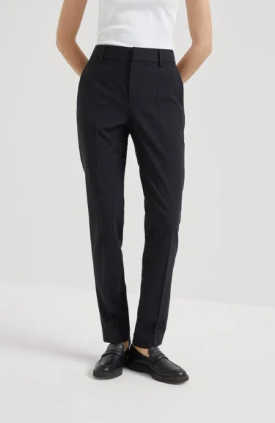 Brunello Cucinelli Women's Stretch Virgin Wool Cigarette Trousers With Jewellery In Black