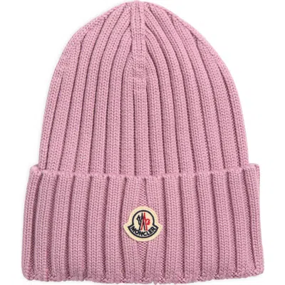 Moncler Logo Patch Rib Wool Beanie In Purple