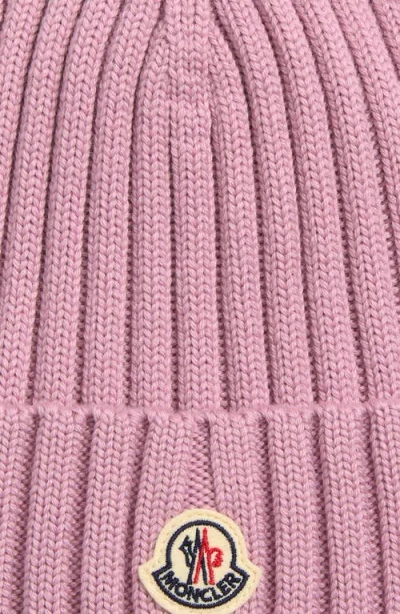 Moncler Logo Patch Rib Wool Beanie In Purple