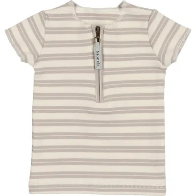 Maniere Manière Stripe Zip Short Sleeve Top In Nude
