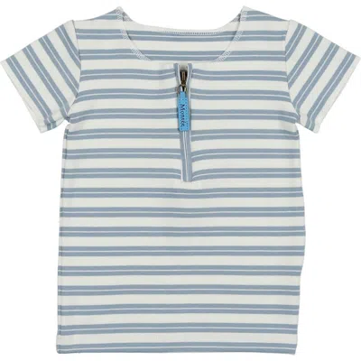 Maniere Manière Stripe Zip Short Sleeve Top In Blue